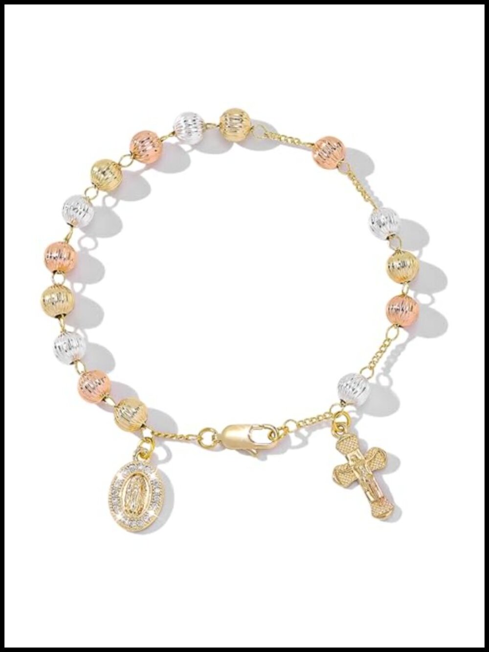 6mm Gold Plated Beads Catholic Guadalupe Crucifix Rosary Bracelet